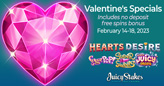 Valentine’s Specials include 100 Free Spins  on New ‘Hearts Desire’ with No Deposit Required